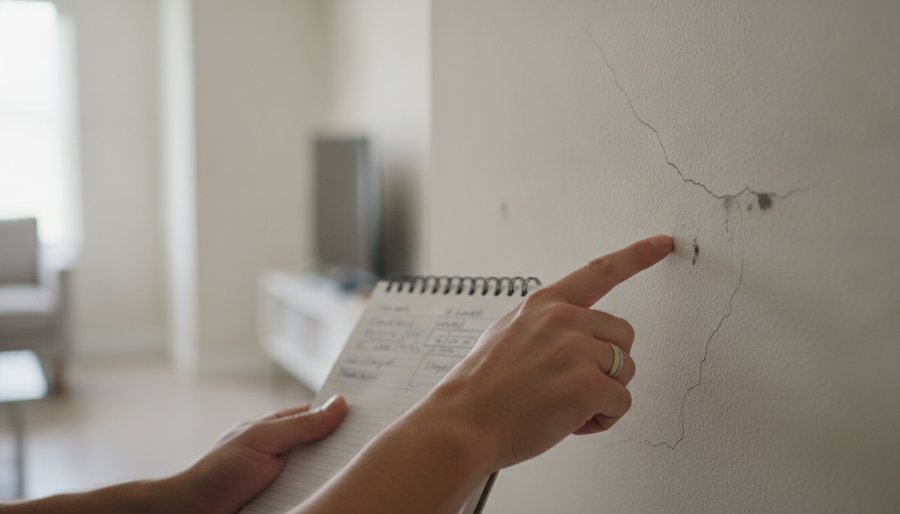 Expert inspectant les degats locatifs sur un mur