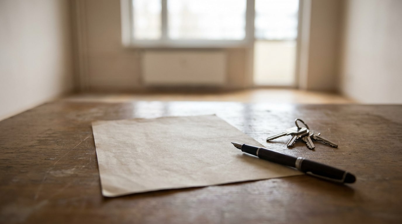 Constat, stylo plume et clés d'appartement posés sur une table