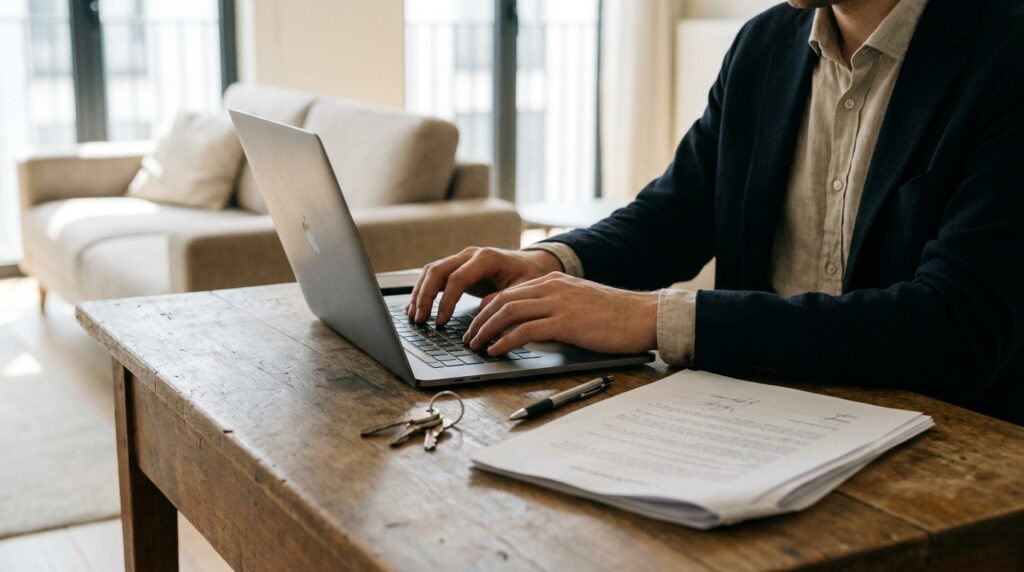 Propriétaire enregistrant son bail sur un ordinateur portable, clés et contrat sur le bureau