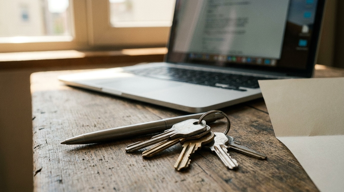 Clés de logement, stylo et ordinateur portable sur une table pour enregistrer un bail