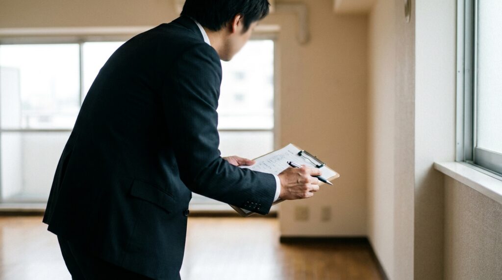 Professionnel documentant l'état d'un appartement vide, un constat à la main