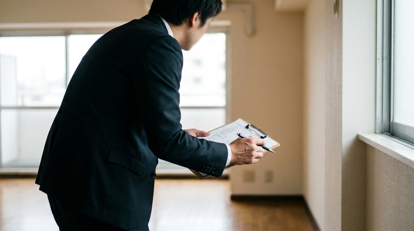 Professionnel documentant l'état d'un appartement vide, un constat à la main