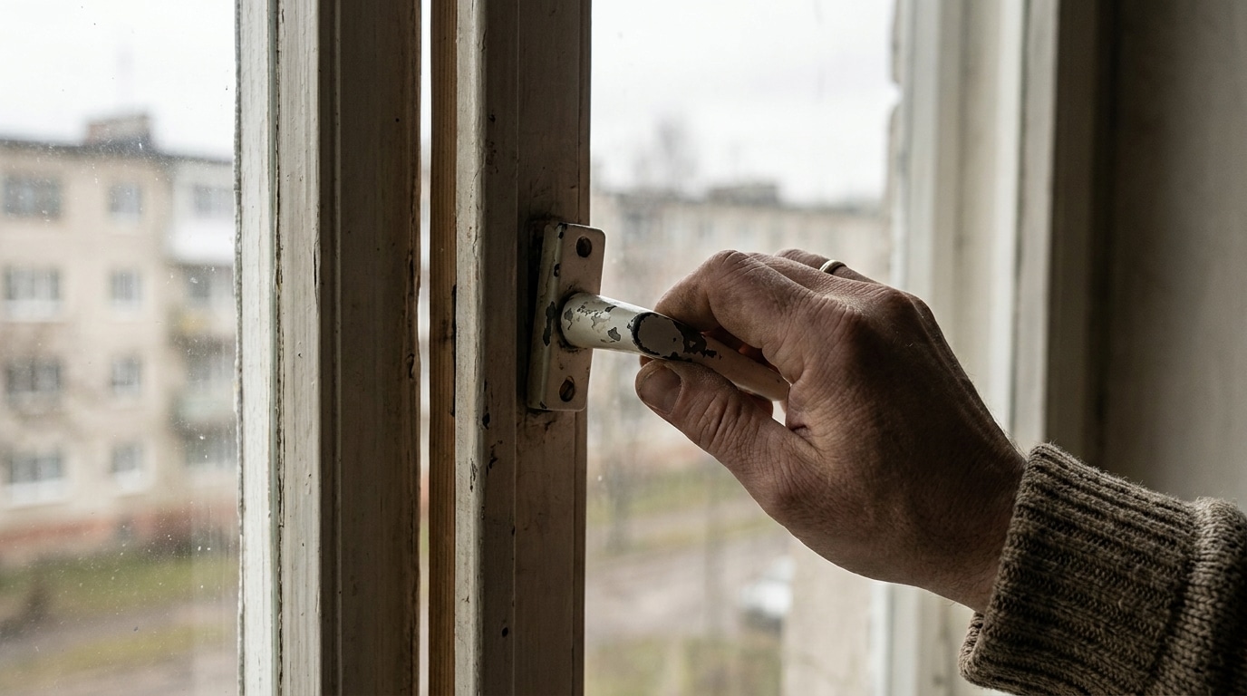 Main réglant une poignée de fenêtre usée qui ne ferme plus
