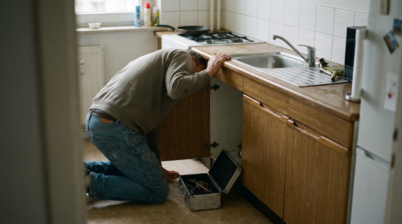Personne inspectant un robinet de cuisine qui fuit, boîte à outils au sol