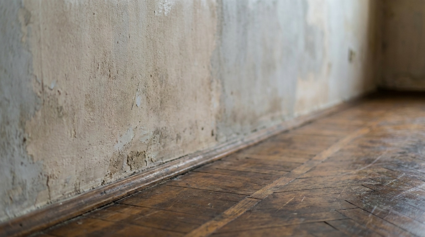 Mur défraîchi et parquet patiné illustrant l'usure normale (vétusté)